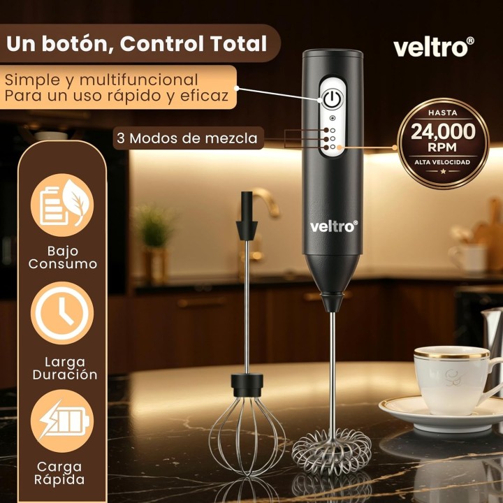 Veltro Espumador de Leche Eléctrico USB-C 24000 RPM con 2 Varillas Acero Inoxidable