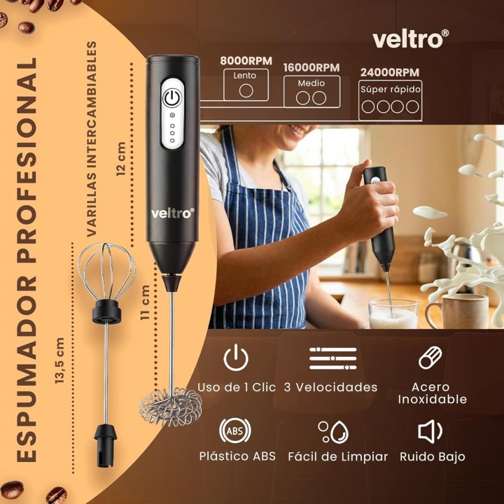 Veltro Espumador de Leche Eléctrico USB-C 24000 RPM con 2 Varillas Acero Inoxidable