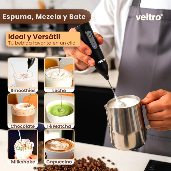 Veltro Espumador de Leche Eléctrico USB-C 24000 RPM con 2 Varillas Acero Inoxidable