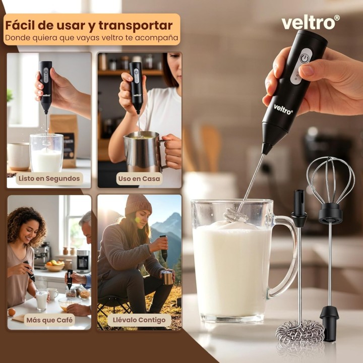 Veltro Espumador de Leche Eléctrico USB-C 24000 RPM con 2 Varillas Acero Inoxidable