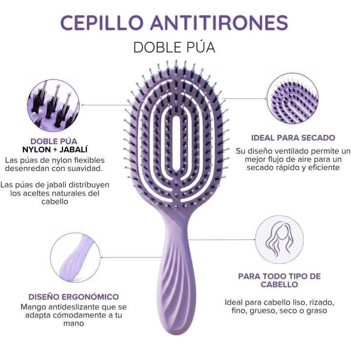 Prometea 2 Cepillos para el Pelo Antirotura, Desenredante y Masaje de Cuero Cabelludo, Cerdas de Jabalí