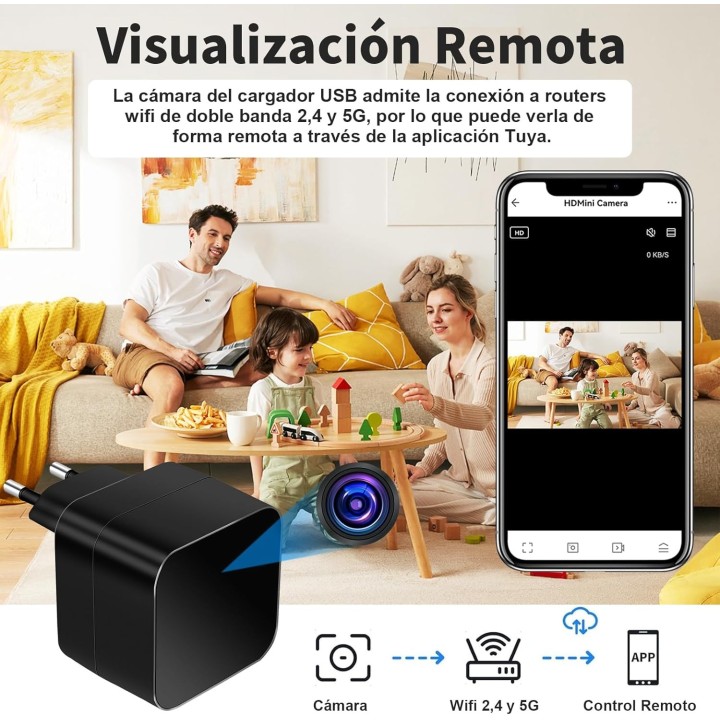 Lxmimi Cámara Oculta WiFi 5G con Cargador USB, Tuya, Detección de Movimiento y Visión Remota
