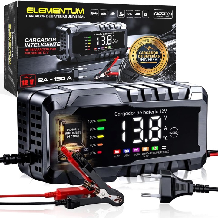Garrtech Cargador de Baterías 12V 15A Inteligente para Coche, Moto, AGM, GEL, EFB, SLA y LiFePO4