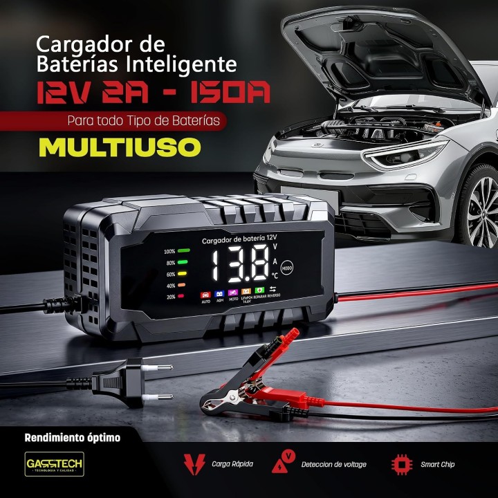 Garrtech Cargador de Baterías 12V 15A Inteligente para Coche, Moto, AGM, GEL, EFB, SLA y LiFePO4