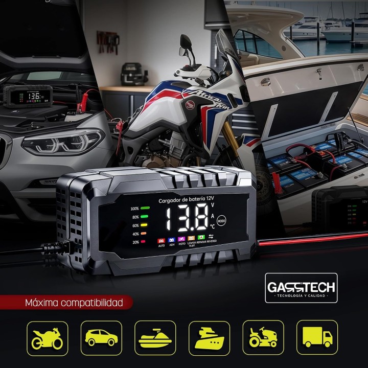 Garrtech Cargador de Baterías 12V 15A Inteligente para Coche, Moto, AGM, GEL, EFB, SLA y LiFePO4