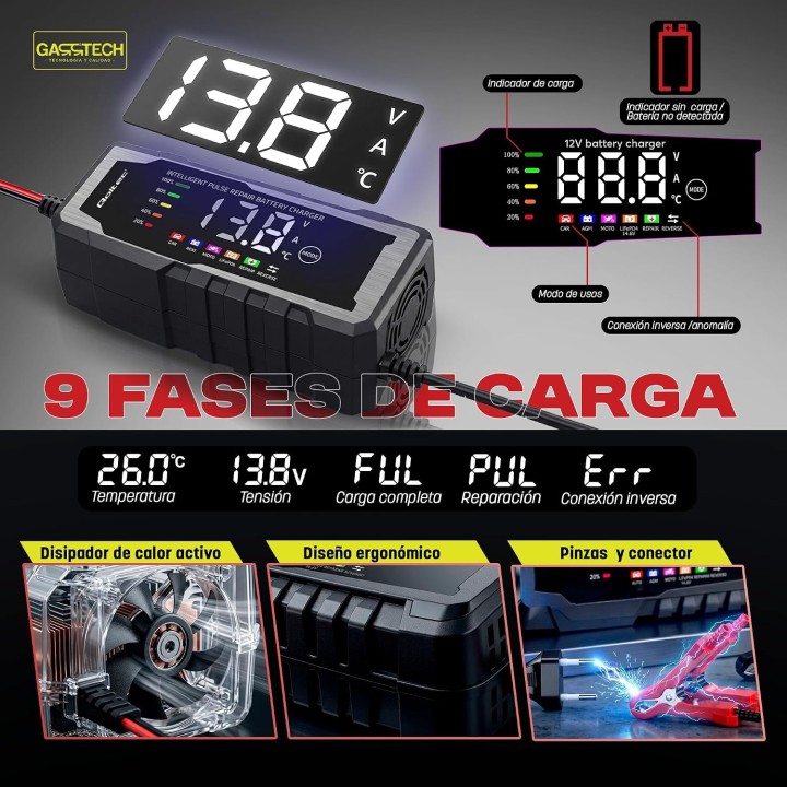 Garrtech Cargador de Baterías 12V 15A Inteligente para Coche, Moto, AGM, GEL, EFB, SLA y LiFePO4