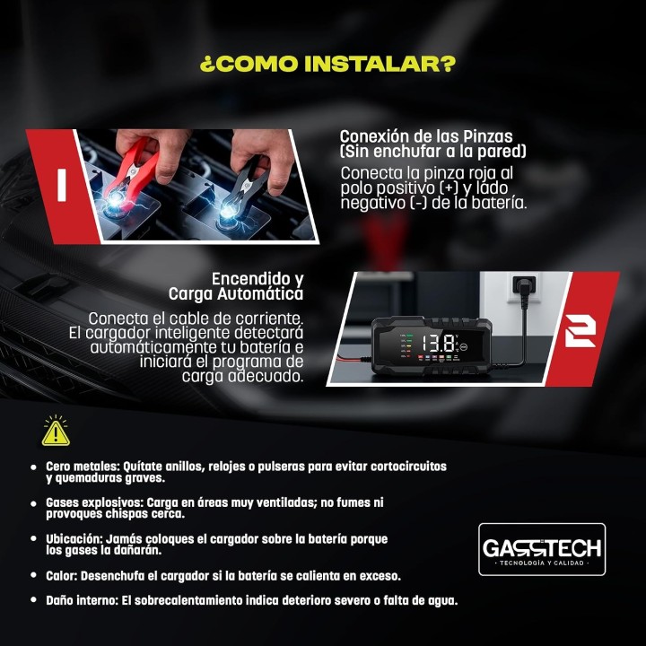 Garrtech Cargador de Baterías 12V 15A Inteligente para Coche, Moto, AGM, GEL, EFB, SLA y LiFePO4