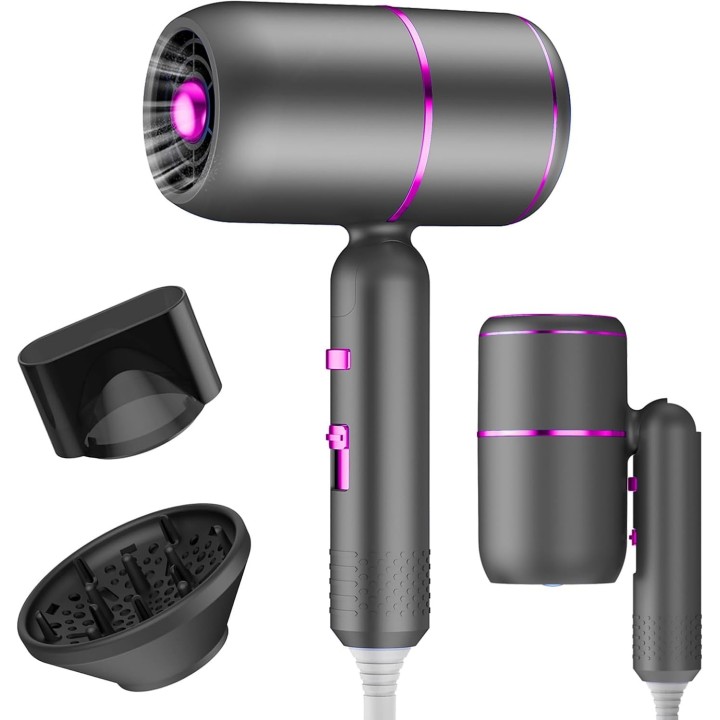 Secador plegable iónico con motor AC, 3 calores, 2 velocidades, aire frío y accesorios