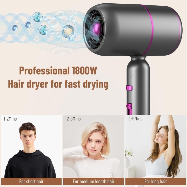 Secador plegable iónico con motor AC, 3 calores, 2 velocidades, aire frío y accesorios