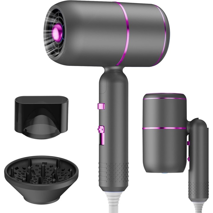 Secador plegable iónico con motor AC, 3 calores, 2 velocidades, aire frío y accesorios