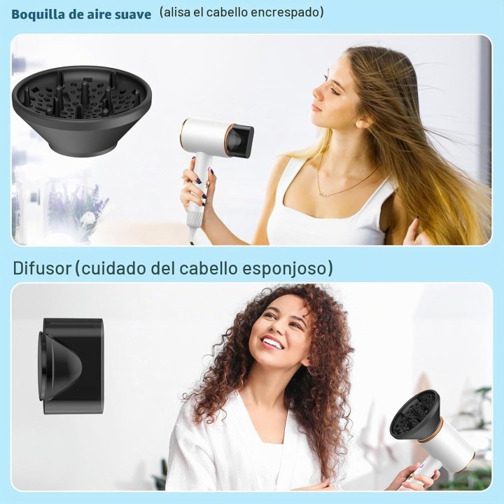 Secador iónico 2400W con difusor y concentrador, 3 velocidades, plegable y ligero Blanco