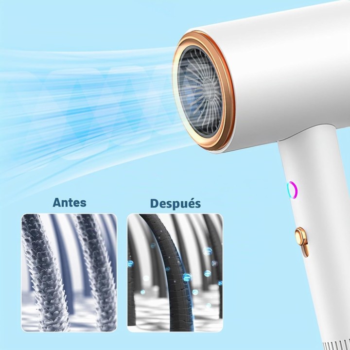 Secador iónico 2400W con difusor y concentrador, 3 velocidades, plegable y ligero Blanco