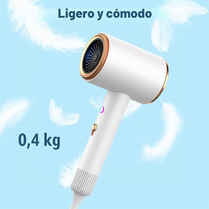 Secador iónico 2400W con difusor y concentrador, 3 velocidades, plegable y ligero Blanco