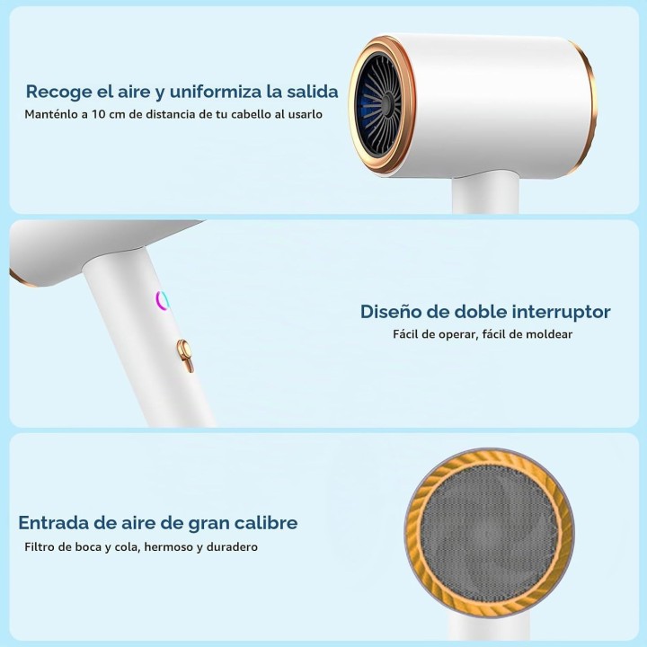 Secador iónico 2400W con difusor y concentrador, 3 velocidades, plegable y ligero Blanco