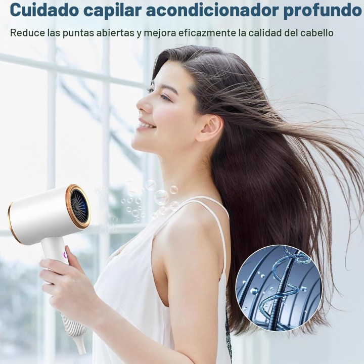 Secador iónico 2400W con difusor y concentrador, 3 velocidades, plegable y ligero Blanco