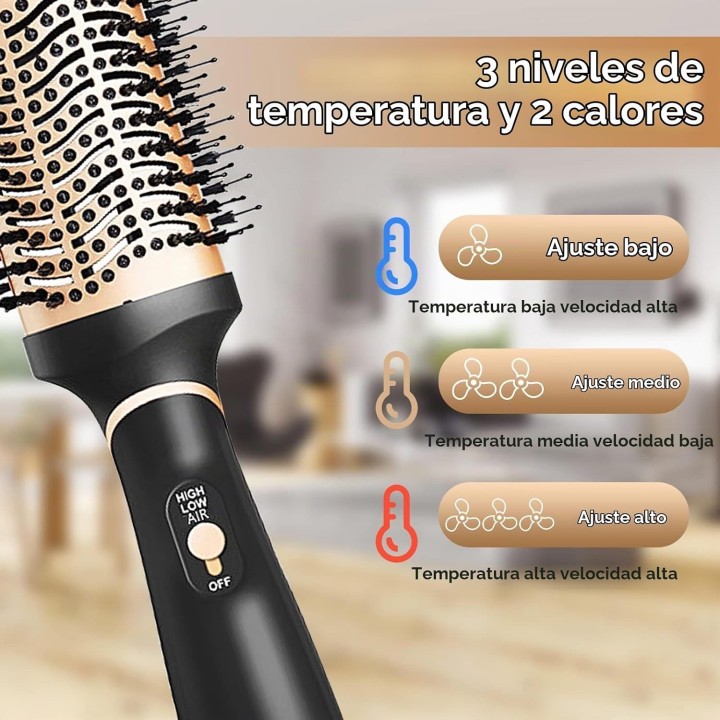 Cepillo secador de aire caliente 4 en 1, 1000 W, 3 temperaturas y cable giratorio 360° Negro