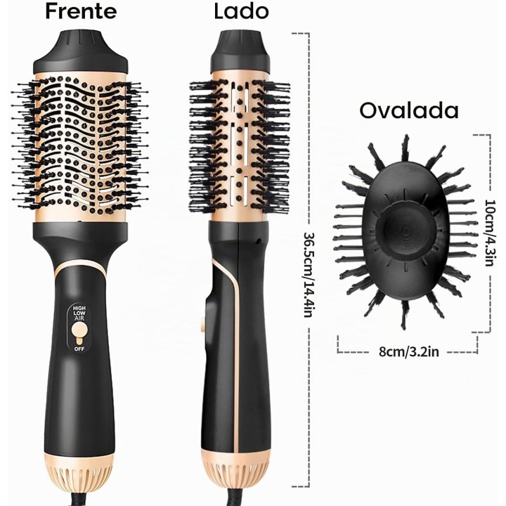 Cepillo secador de aire caliente 4 en 1, 1000 W, 3 temperaturas y cable giratorio 360° Negro