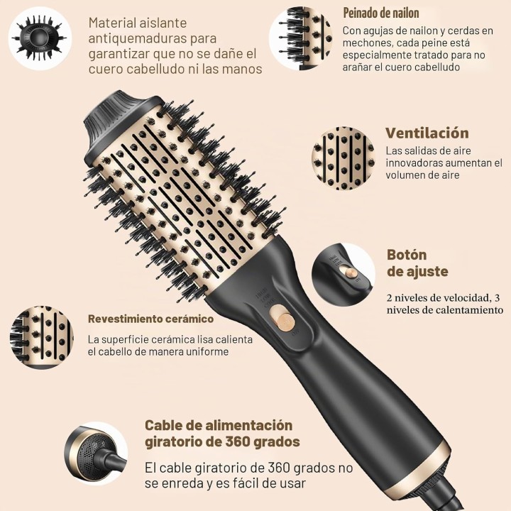 Cepillo Secador de Pelo 1200W 4 en 1 Iónico, Voluminizador con 3 Temperaturas y 2 Velocidades