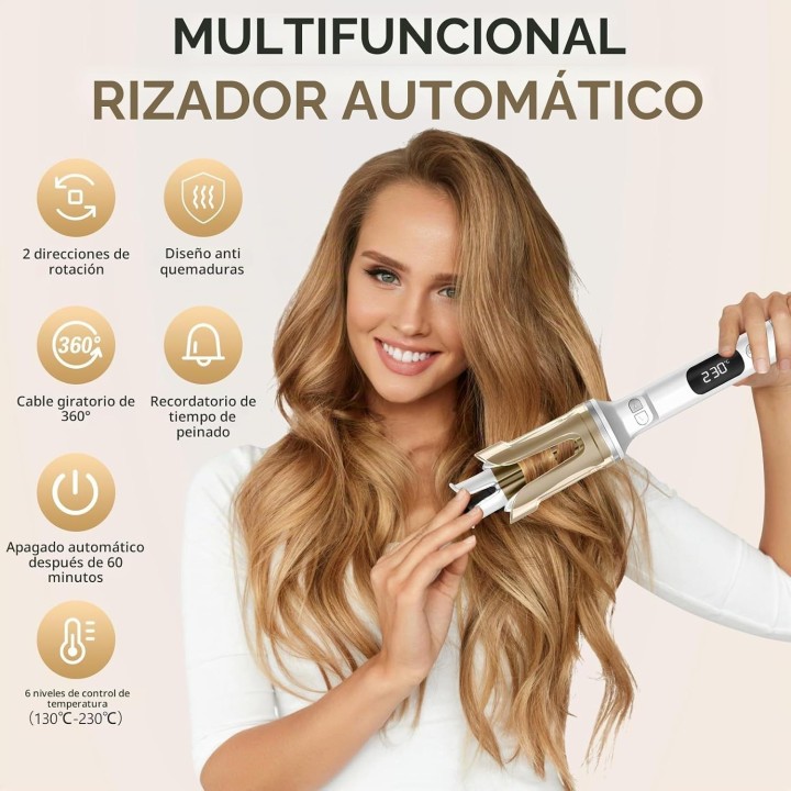 Rizador de Pelo Automático con 6 Temperaturas 130-230°C, Cerámica, 2 Direcciones y Apagado Auto Blanco