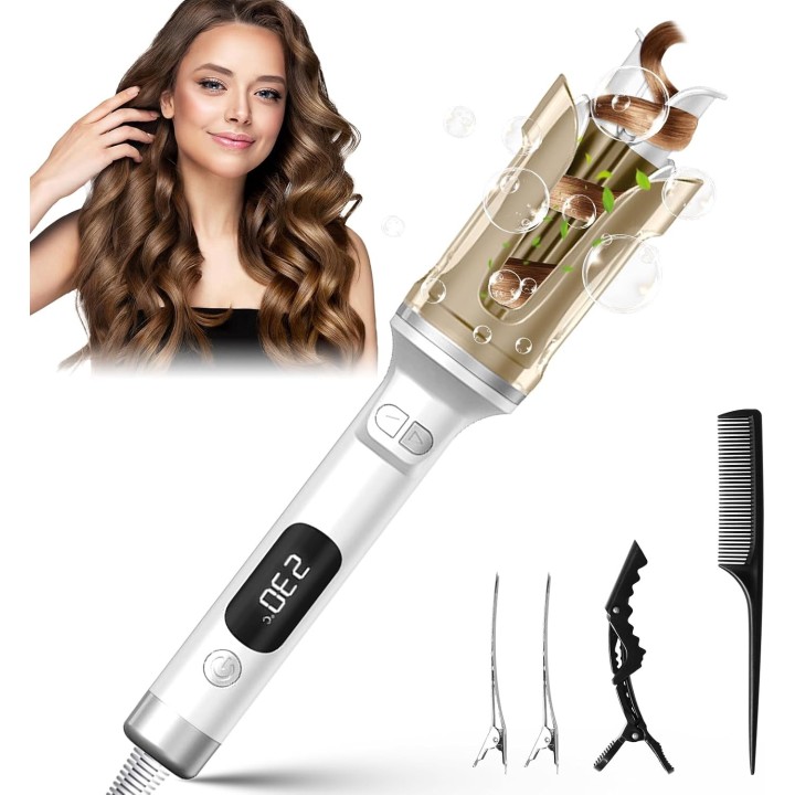 Rizador de Pelo Automático con 6 Temperaturas 130-230°C, Cerámica, 2 Direcciones y Apagado Auto Blanco