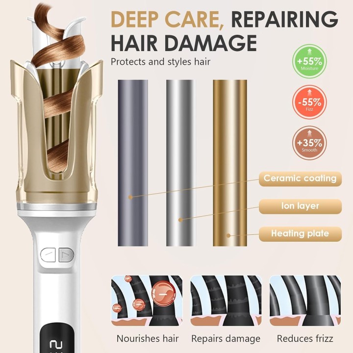 Rizador de Pelo Automático con 6 Temperaturas 130-230°C, Cerámica, 2 Direcciones y Apagado Auto Blanco