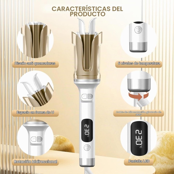 Rizador de Pelo Automático con 6 Temperaturas 130-230°C, Cerámica, 2 Direcciones y Apagado Auto Blanco