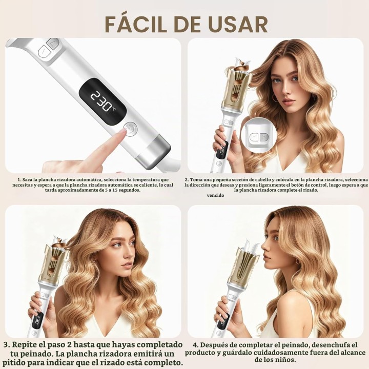 Rizador de Pelo Automático con 6 Temperaturas 130-230°C, Cerámica, 2 Direcciones y Apagado Auto Blanco