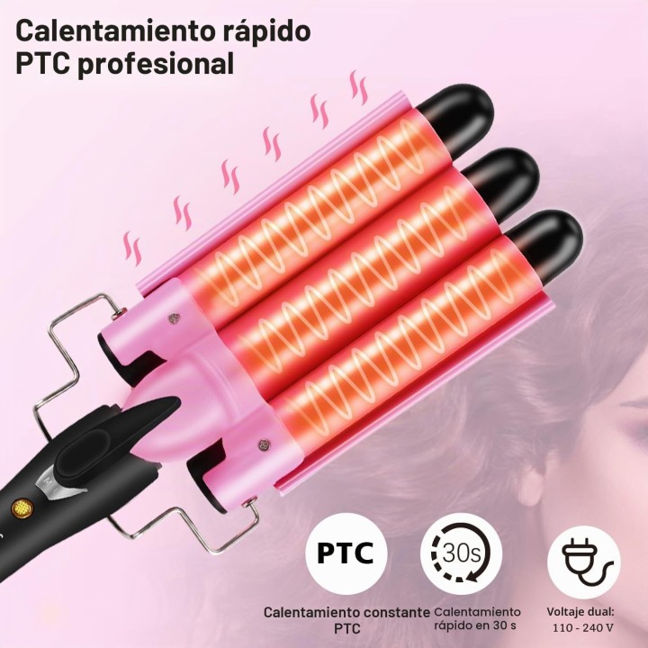 Plancha Ondas Sirena 25 mm Rizador de Pelo 3 Tubos, 2 Temperaturas 180-210 °C, Cerámica
