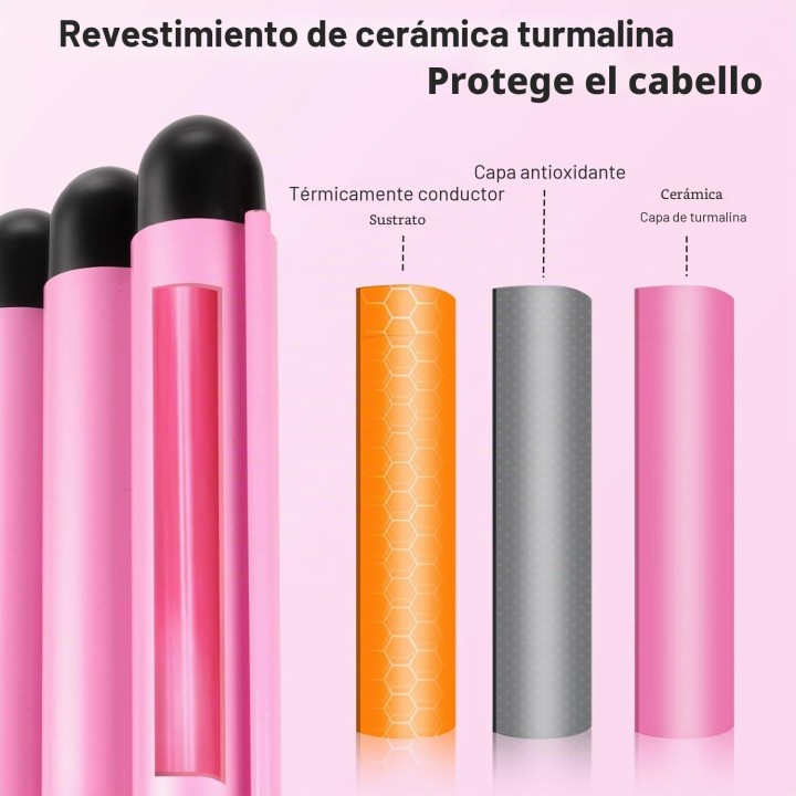 Plancha Ondas Sirena 25 mm Rizador de Pelo 3 Tubos, 2 Temperaturas 180-210 °C, Cerámica