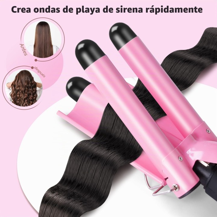 Plancha Ondas Sirena 25 mm Rizador de Pelo 3 Tubos, 2 Temperaturas 180-210 °C, Cerámica