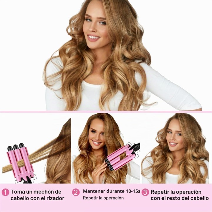 Plancha Ondas Sirena 25 mm Rizador de Pelo 3 Tubos, 2 Temperaturas 180-210 °C, Cerámica