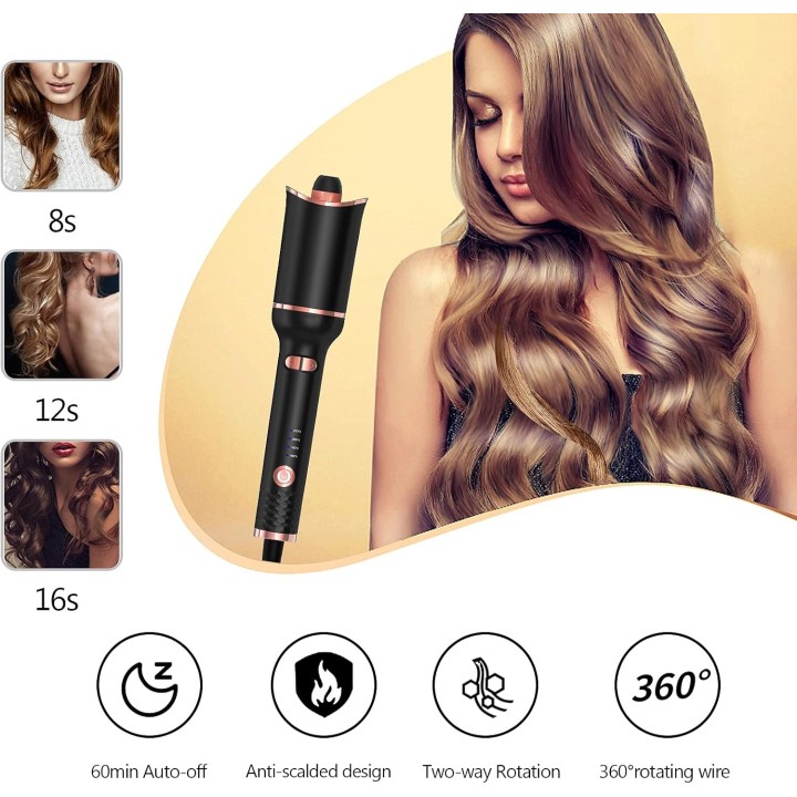 Rizador Automático de Cabello con 4 Temperaturas, Antienredos, 360°, Anti-Quemaduras y Apagado Auto