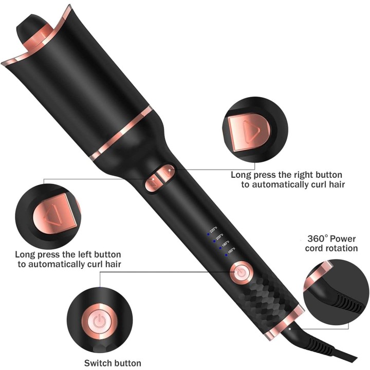 Rizador Automático de Cabello con 4 Temperaturas, Antienredos, 360°, Anti-Quemaduras y Apagado Auto