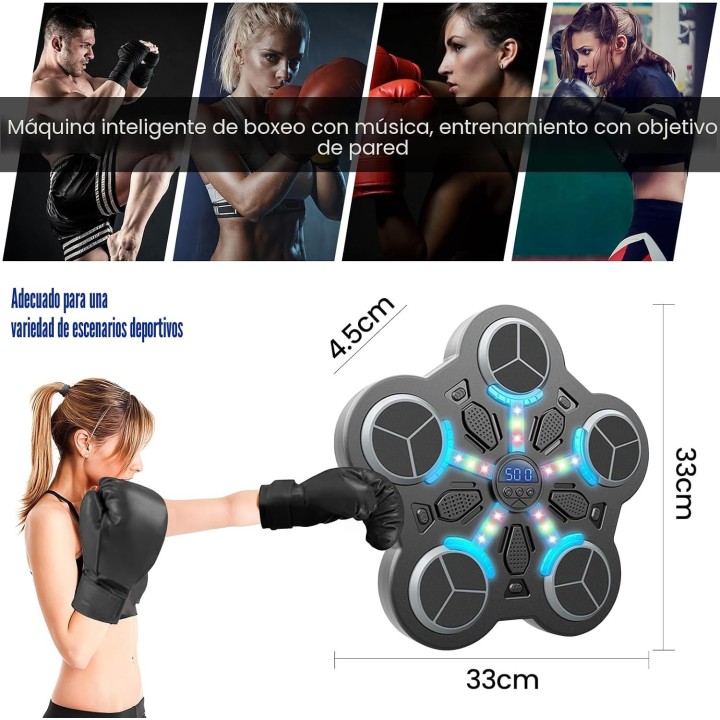 Máquina de Boxeo Musical Bluetooth, 3 Velocidades, Luz LED, Guantes, Niños y Adultos