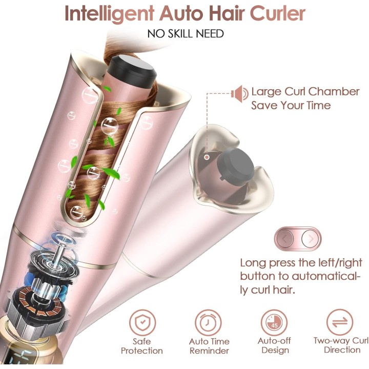 Rizador Automático de Pelo con Barril Giratorio, 4 Temperaturas, 3 Temporizadores y Doble Voltaje