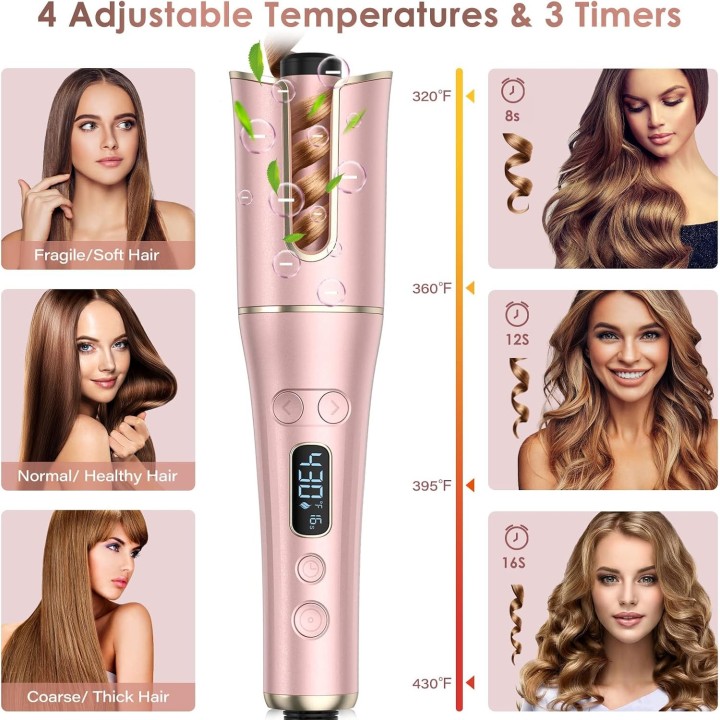 Rizador Automático de Pelo con Barril Giratorio, 4 Temperaturas, 3 Temporizadores y Doble Voltaje