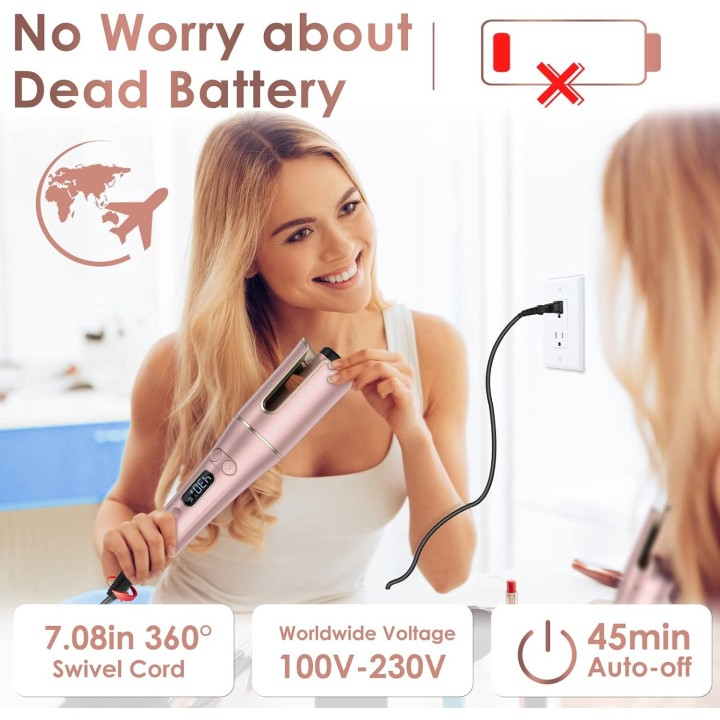 Rizador Automático de Pelo con Barril Giratorio, 4 Temperaturas, 3 Temporizadores y Doble Voltaje