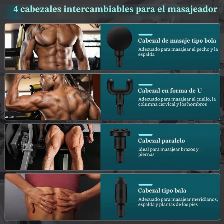 Pistola de Masaje Muscular Tejido Profundo, 6 Velocidades, 4 Cabezales y Batería Recargable