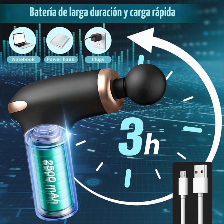 Pistola de Masaje Muscular Tejido Profundo, 6 Velocidades, 4 Cabezales y Batería Recargable