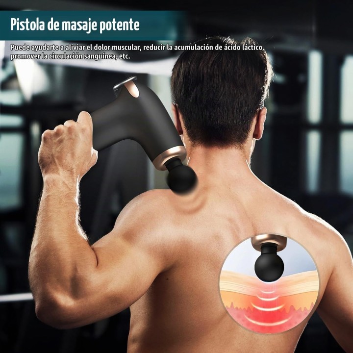 Pistola de Masaje Muscular Tejido Profundo, 6 Velocidades, 4 Cabezales y Batería Recargable