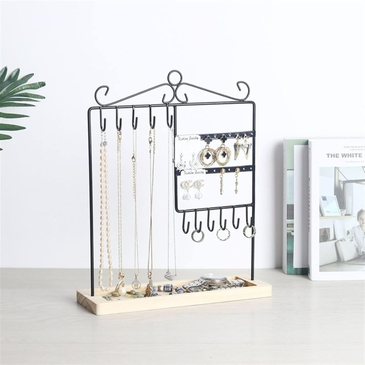 Organizador de Joyas de Hierro Forjado con Base de Madera para Collares, Pendientes, Anillos y Relojes