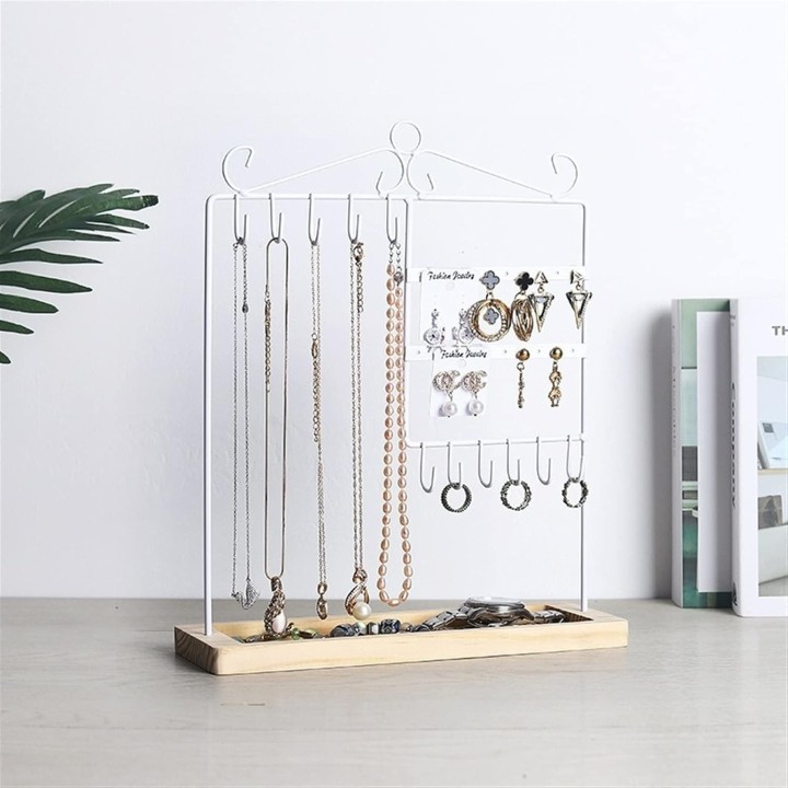 Organizador de Joyas de Hierro Forjado con Base de Madera para Collares, Pendientes, Anillos y Relojes