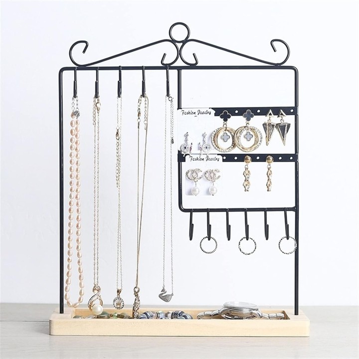 Organizador de Joyas de Hierro Forjado con Base de Madera para Collares, Pendientes, Anillos y Relojes