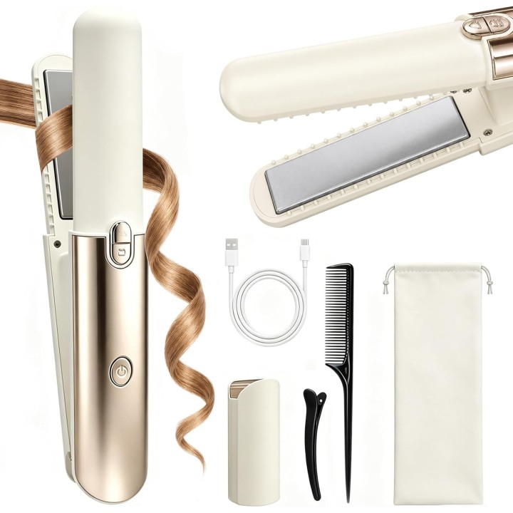 Plancha de pelo mini inalámbrica 2 en 1 con batería de 5000 mAh, alisador y rizador portátil
