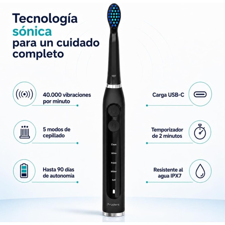 Prudent Cepillo de Dientes Eléctrico Premium con 8 Cabezales, 5 Modos, Estuche y Soporte de Pared