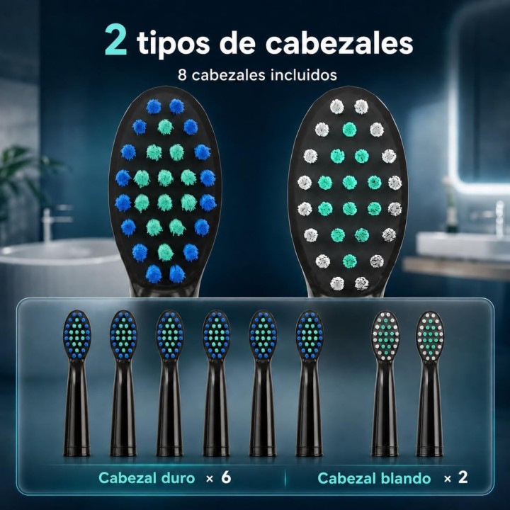 Prudent Cepillo de Dientes Eléctrico Premium con 8 Cabezales, 5 Modos, Estuche y Soporte de Pared