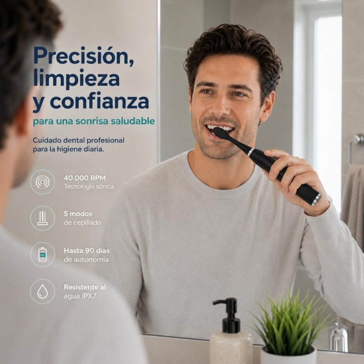 Prudent Cepillo de Dientes Eléctrico Premium con 8 Cabezales, 5 Modos, Estuche y Soporte de Pared