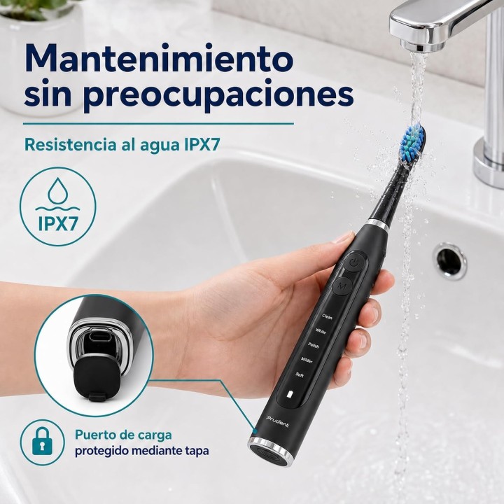 Prudent Cepillo de Dientes Eléctrico Premium con 8 Cabezales, 5 Modos, Estuche y Soporte de Pared