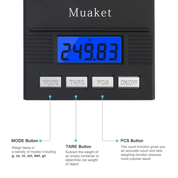 Muaket Báscula digital de precisión 0,001 g/50 g, LCD, 6 unidades, calibración y pilas