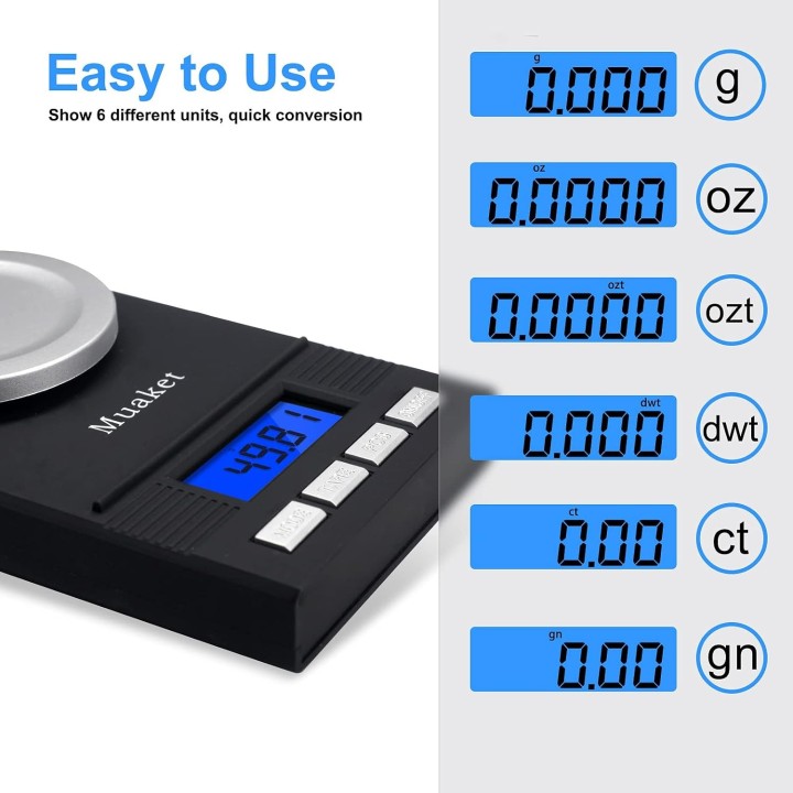 Muaket Báscula digital de precisión 0,001 g/50 g, LCD, 6 unidades, calibración y pilas